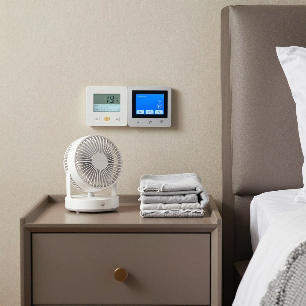 bedside table with fan control and temperature settings