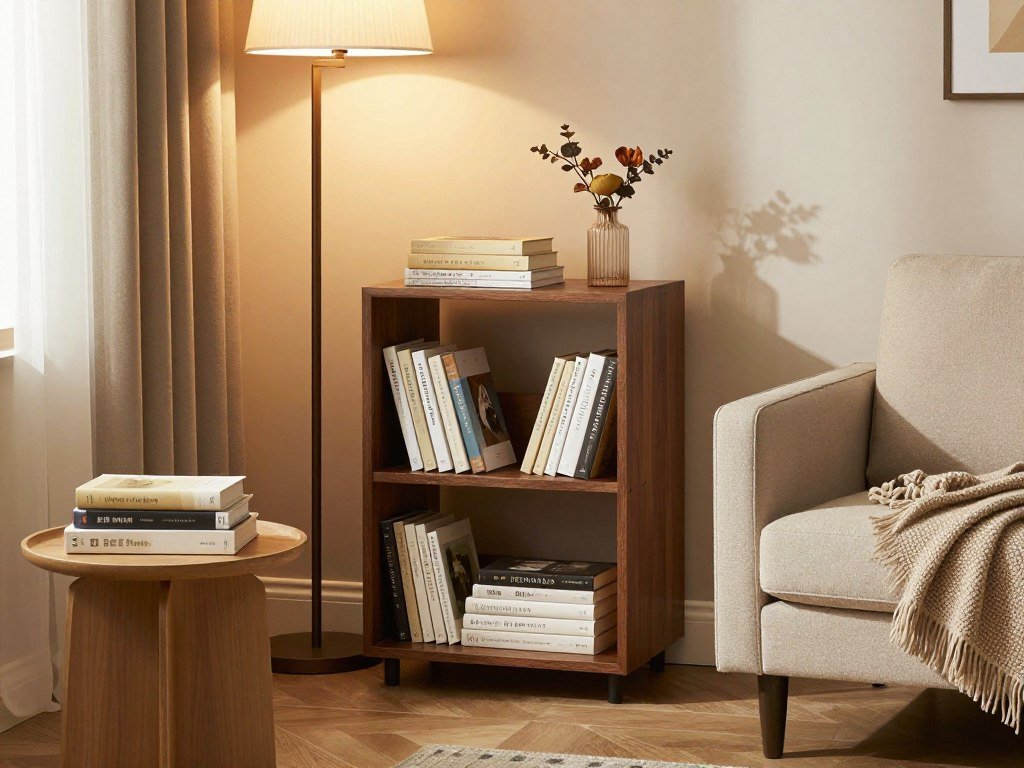bedside table with multiple shelves storing books next to reading chair in bedroom