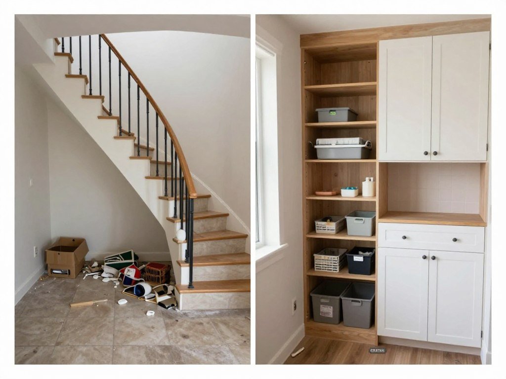 before and after comparison of under stairs storage transformation