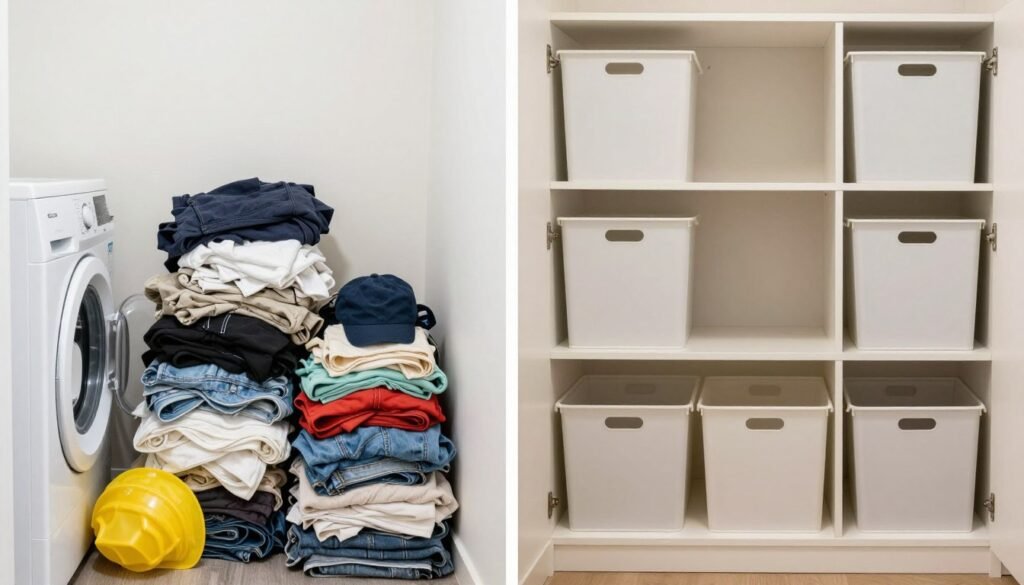 before and after decluttered laundry room