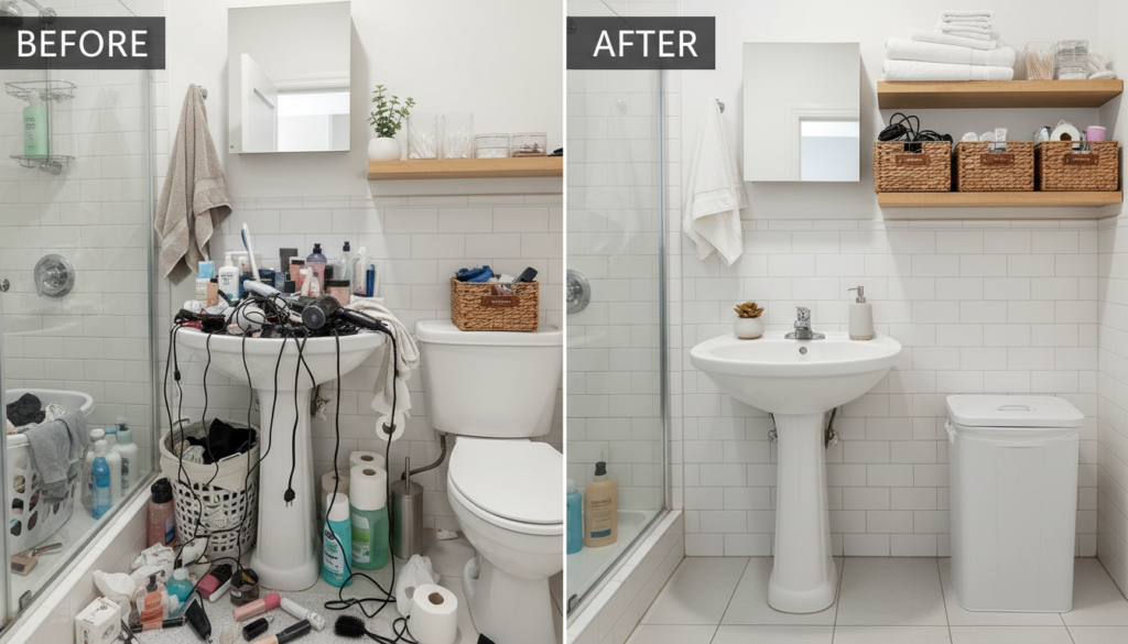 before and after small bathroom organization transformation