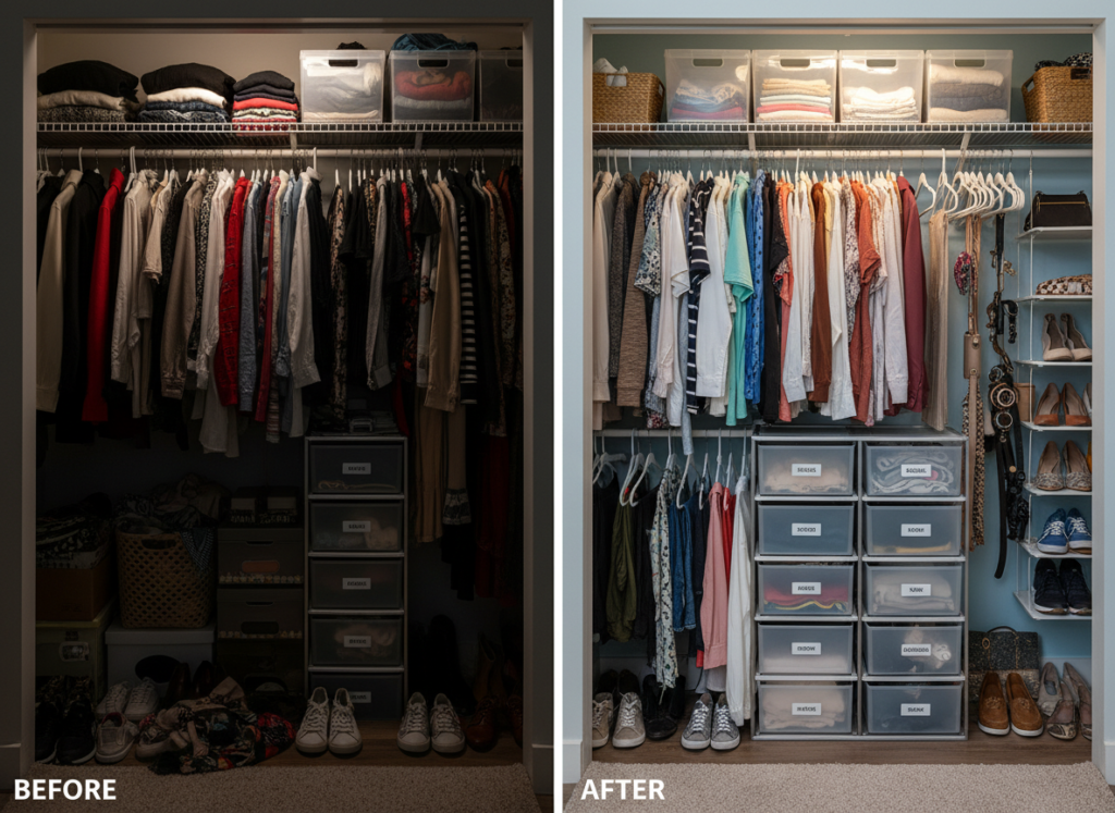 before and after transformation of small closet organization