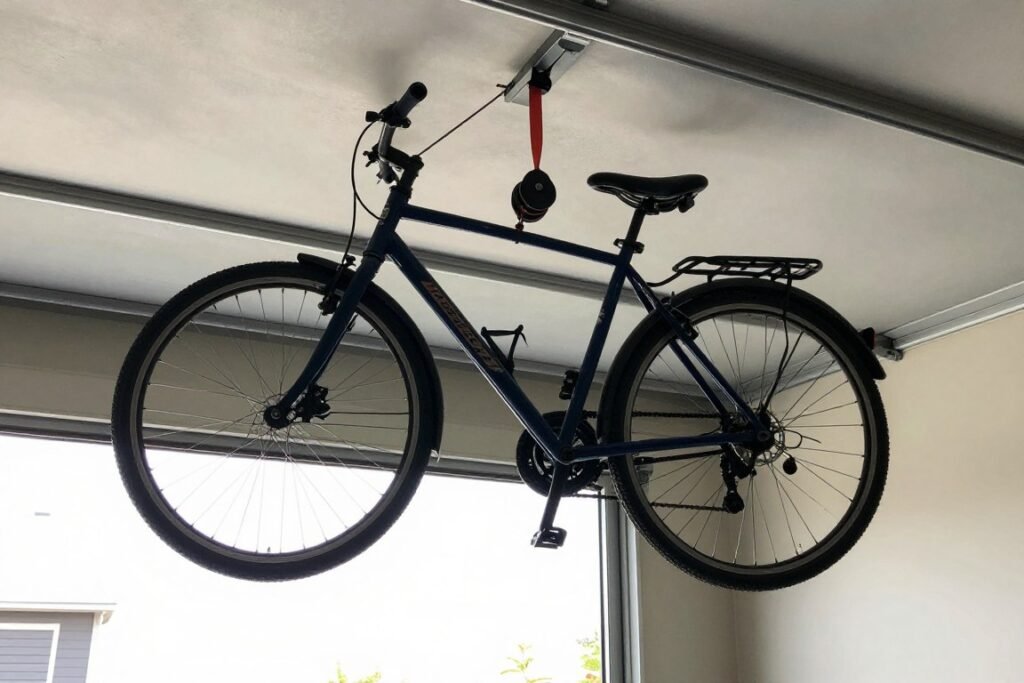 bike pulley storage system in garage ceiling