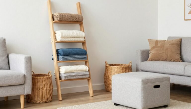 blanket storage solutions in modern living room with organized throws