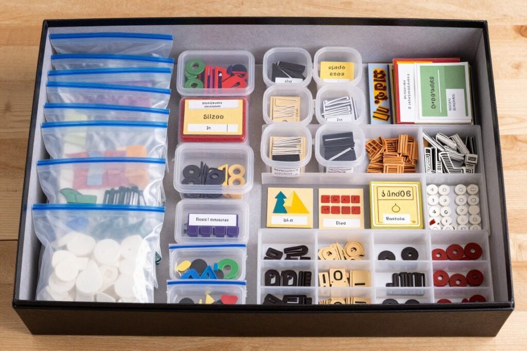 board game components organized in small containers and bags