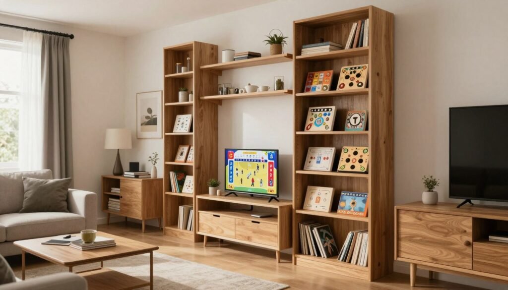 board game storage in small apartment