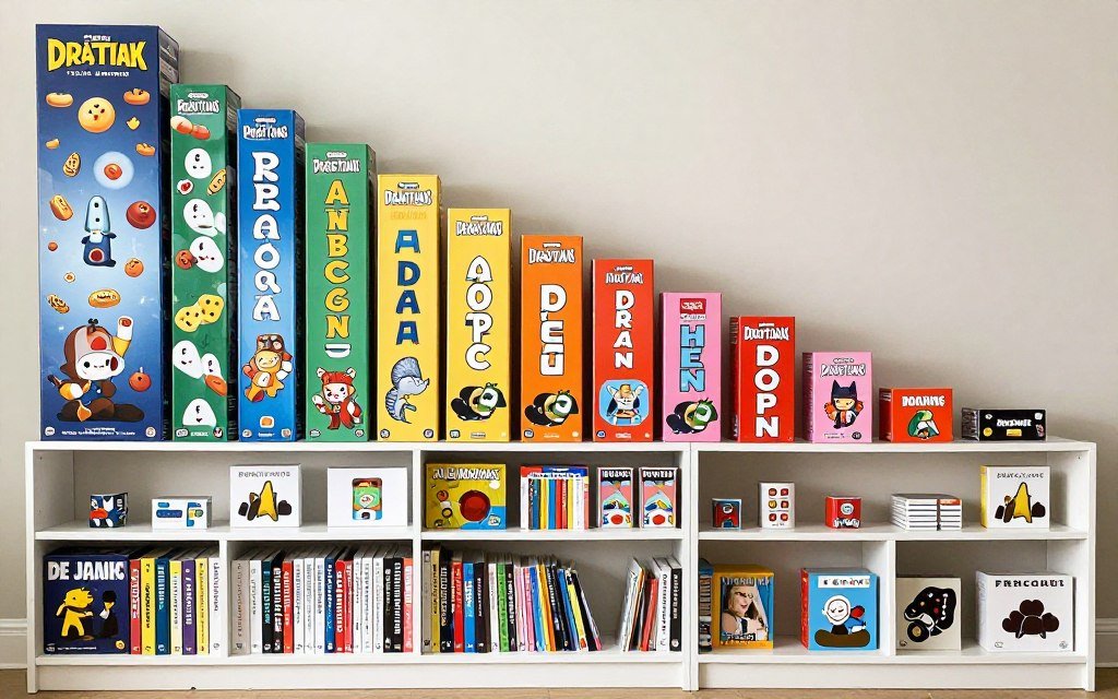 board games organized by size on shelving unit