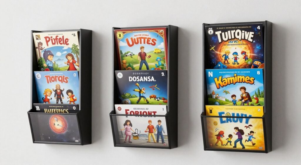 board games stored in wall mounted magazine racks