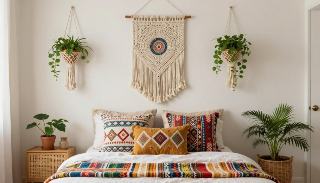 bohemian small bedroom with textiles and plants