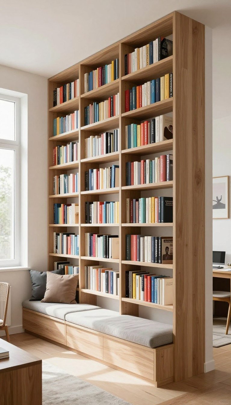 book storage ideas for small spaces featuring vertical shelving in compact apartment