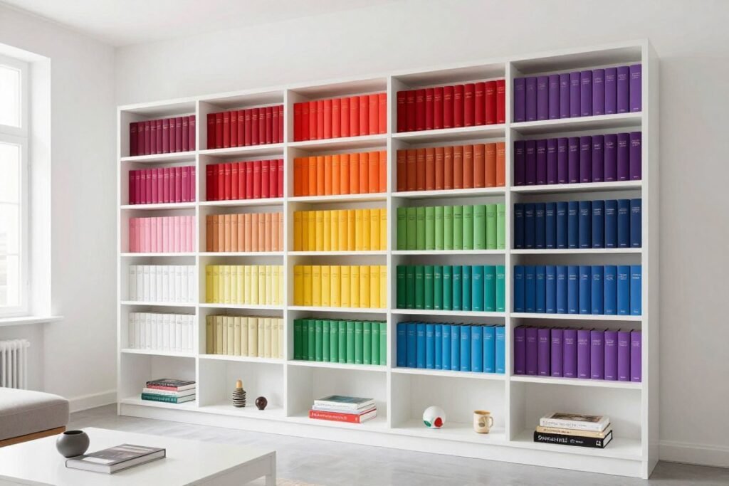 books arranged by color creating rainbow display on white shelving unit