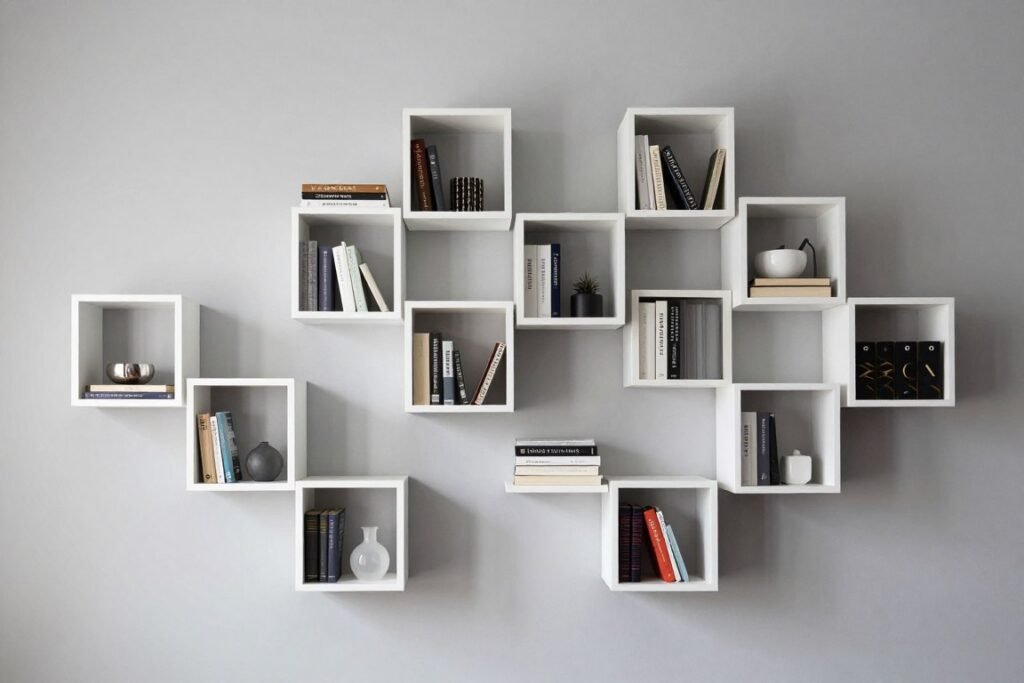 books arranged in geometric patterns on wall-mounted cube shelves creating modern design