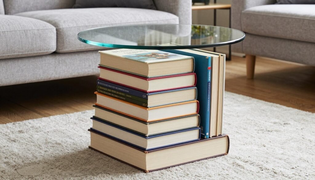 books stacked as side table base with glass top creating functional art piece