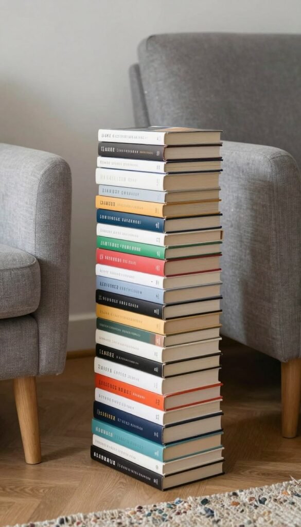 books stacked horizontally creating artistic display and side table