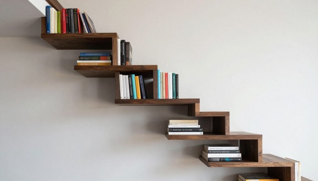 books stored vertically on staircase wall shelves creating unique display