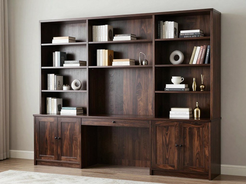 bookshelf with integrated desk section in living room