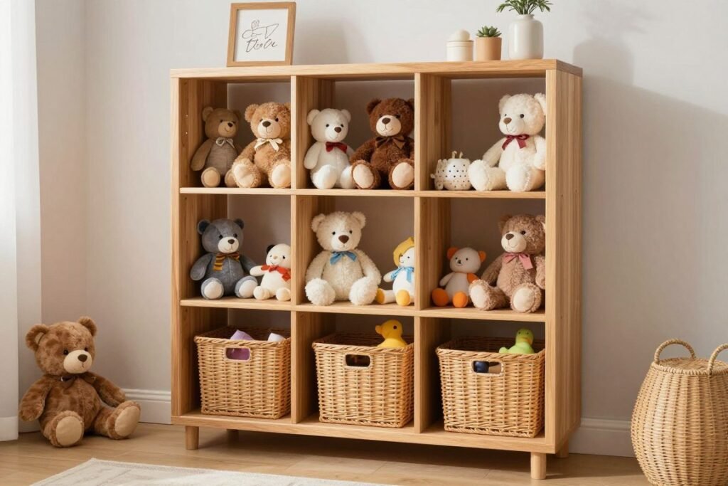 bookshelf with stuffed animals on shelves and in baskets