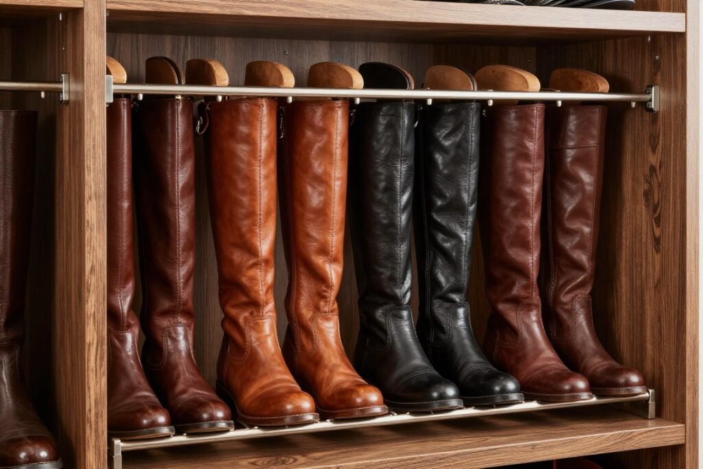 boot storage rack with tall boots standing upright