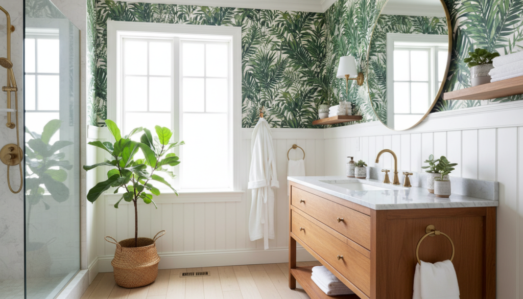 botanical wallpaper with tropical leaves pattern in bathroom setting