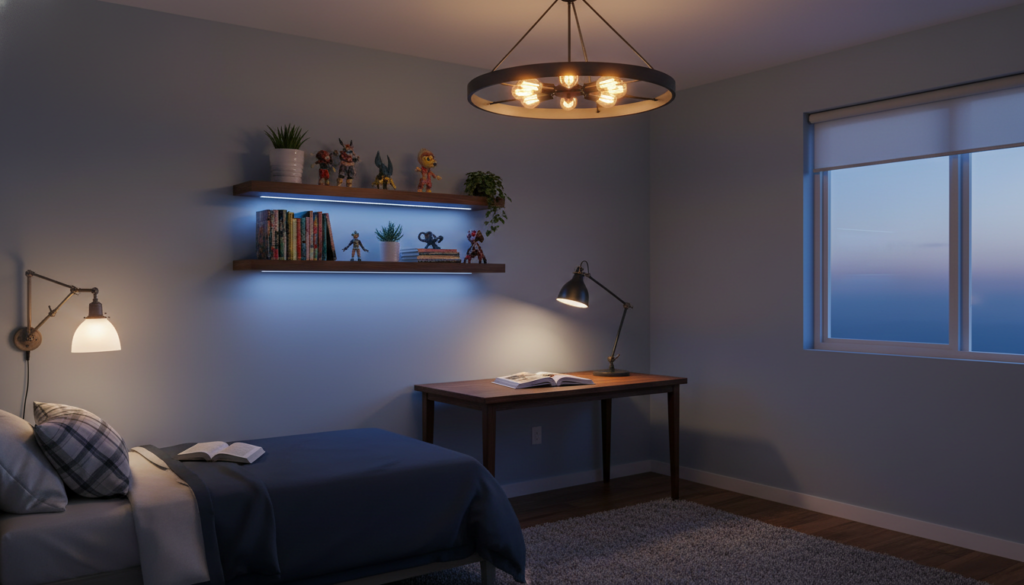 boy bedroom ideas with layered lighting design