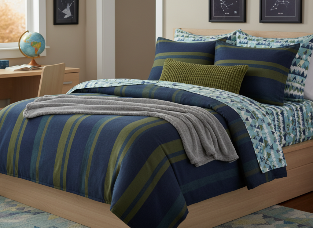 boy bedroom with coordinated bedding set