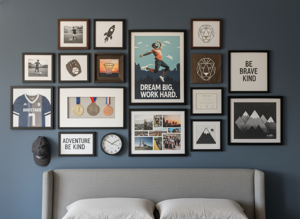 boy bedroom with gallery wall of artwork