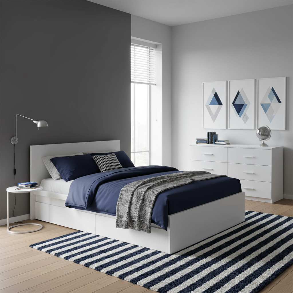 boy bedroom with gray walls and white furniture