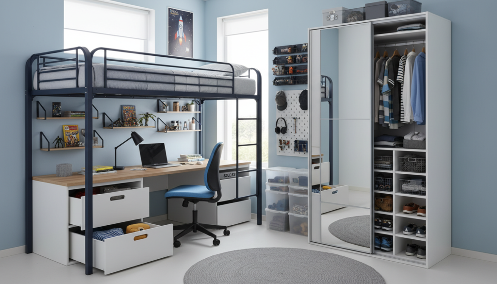 boy bedroom with space saving storage furniture