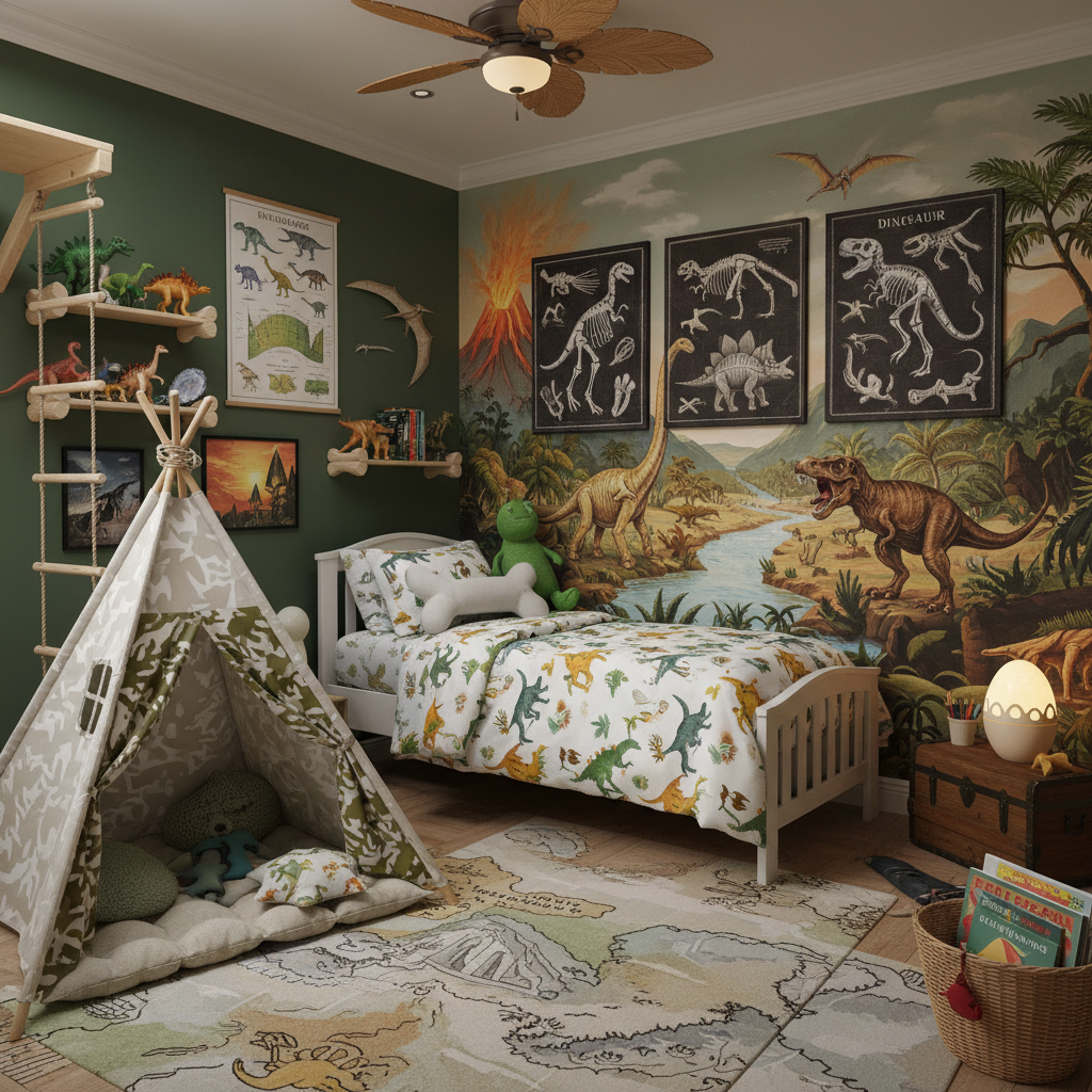 boy room with dinosaur theme and educational elements