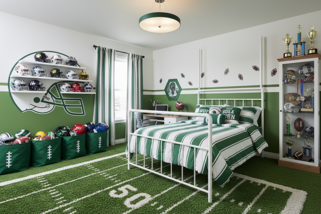 boy room with football themed decor and storage