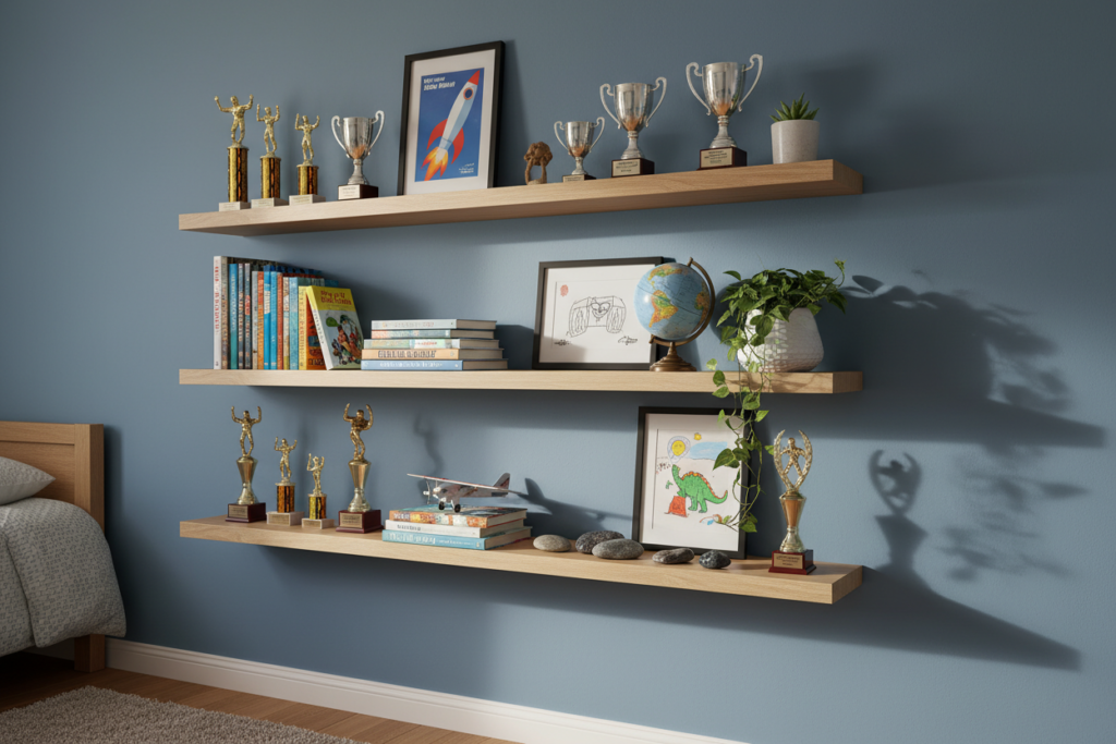 boys room wall decor with shelving displays