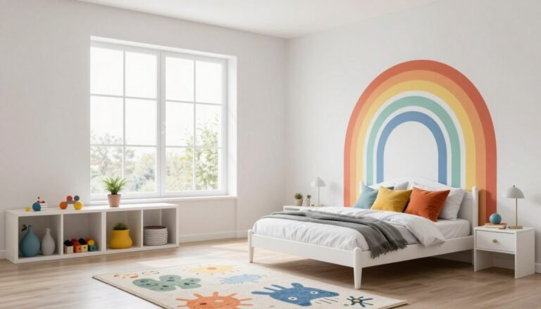 bright and cheerful kids bedroom with colorful decor and organized play space