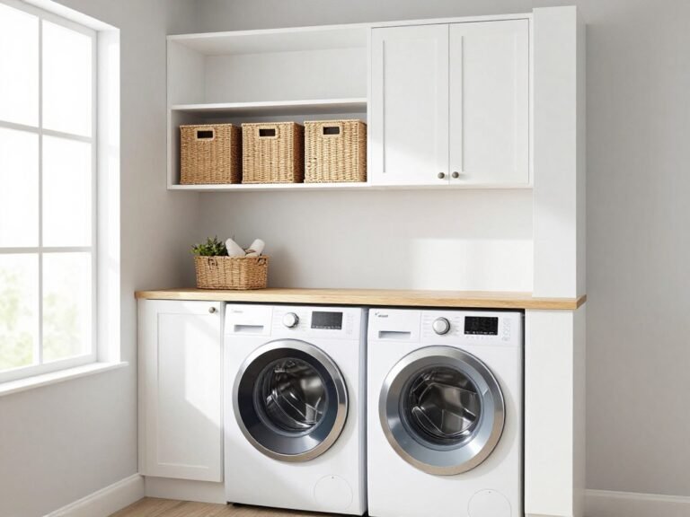 bright small laundry room makeover with white cabinets and organized storage