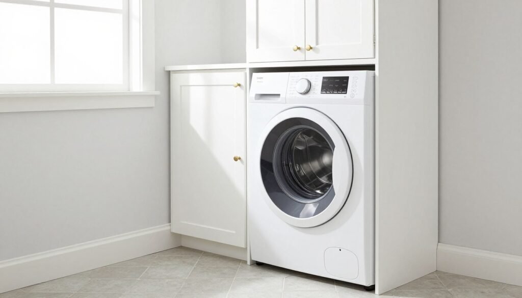 bright white laundry room with stacked washer dryer and light color palette