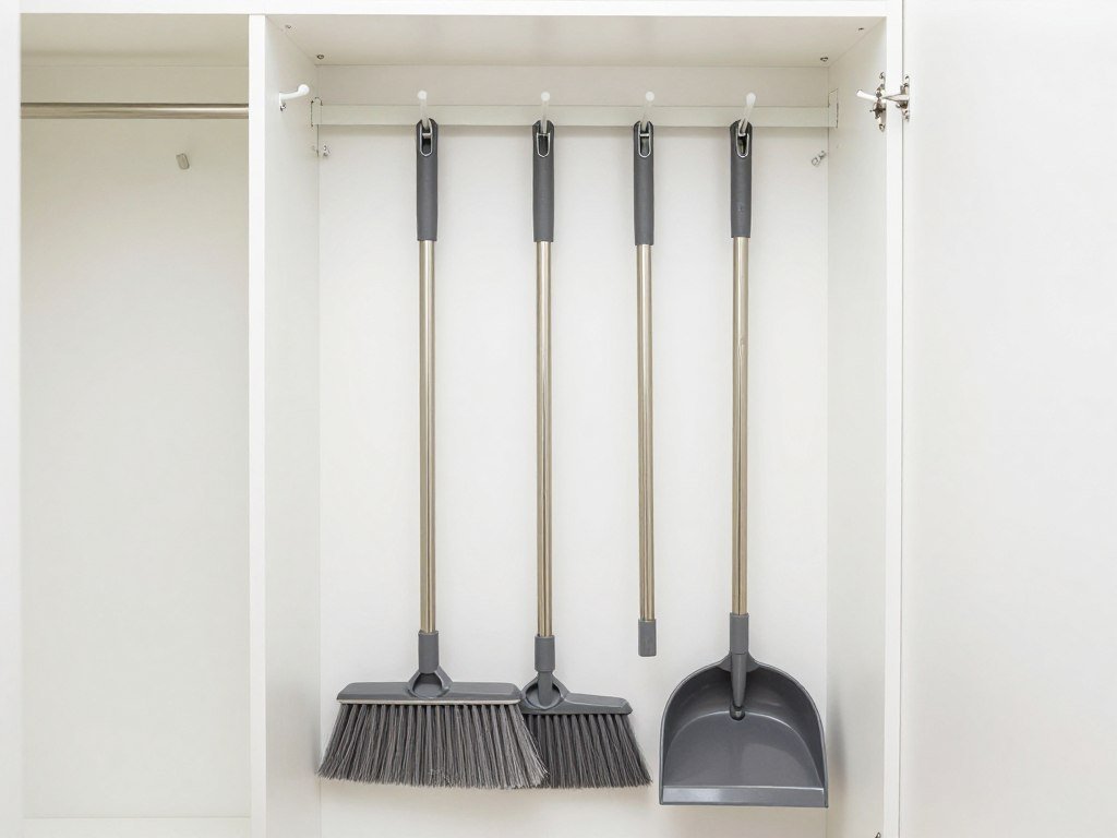 broom closet with organized cleaning tools