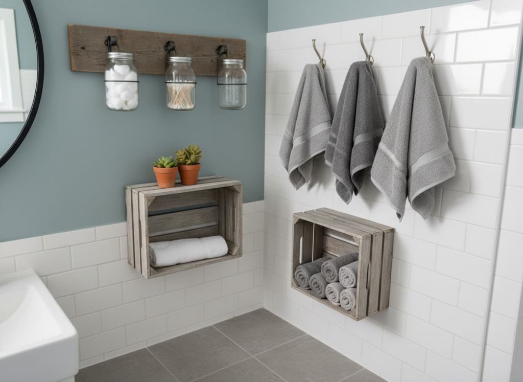 budget-friendly DIY bathroom storage using repurposed items
