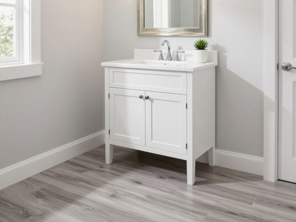 budget-friendly bathroom with stock vanity and vinyl plank flooring