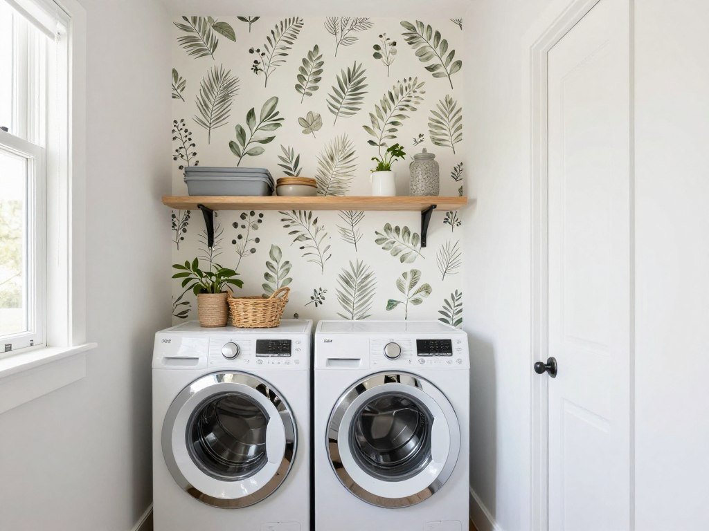budget friendly laundry room with single wallpaper accent wall