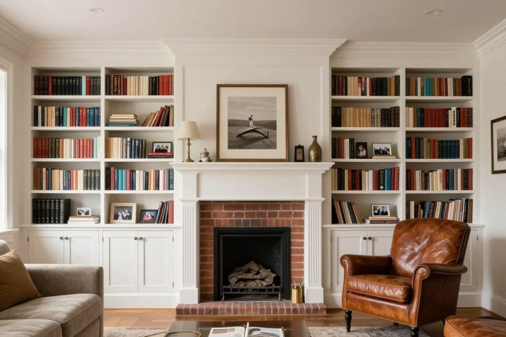 built-in bookshelf surrounding fireplace creating statement wall with book storage in living room