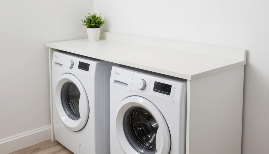 built-in countertop next to top load washer and dryer in laundry room for folding clothes