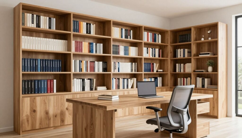 built-in desk with bookshelf creating functional home office workspace with book storage