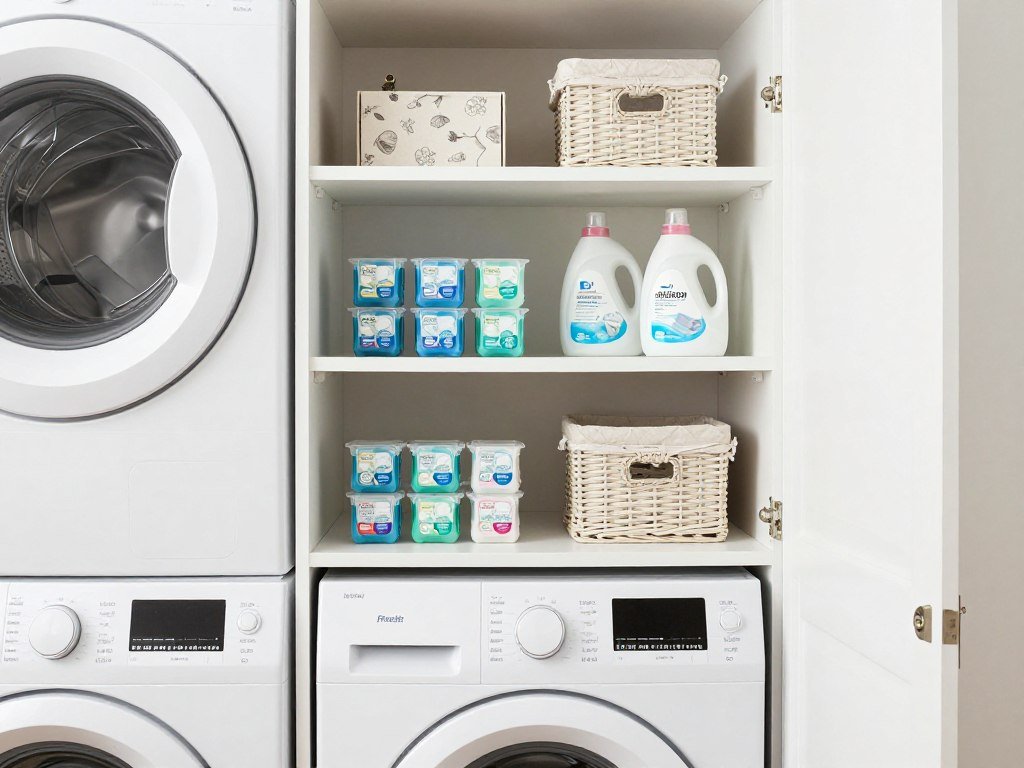 built-in shelving between stacked washer and dryer with organized supplies built-in shelving between stacked washer and dryer with organized supplies