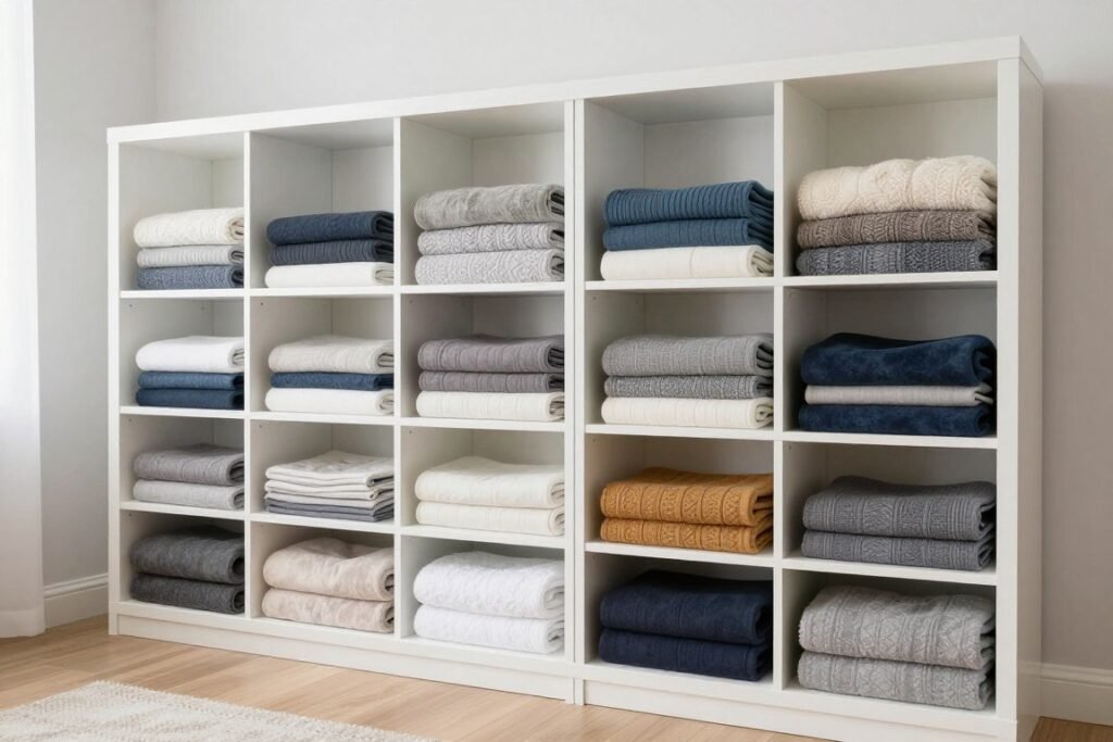 built-in shelving with organized folded blankets
