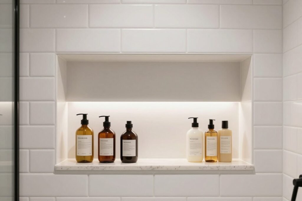 built in shower niche with organized toiletries