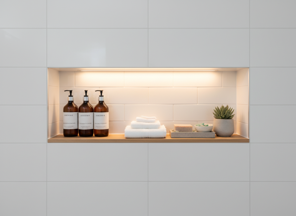 built-in wall niche with organized bathroom toiletries and decor