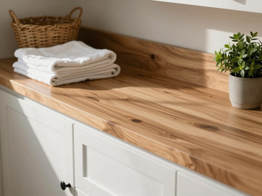 butcher block countertop in laundry room with folded linens butcher block countertop in laundry room with folded linens