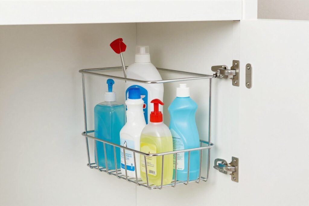 cabinet door storage rack with cleaning supplies