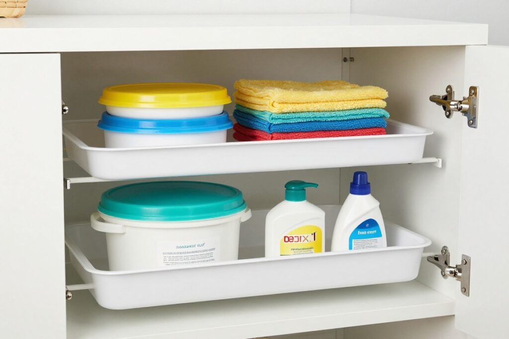 cabinet organizer with tiered shelving