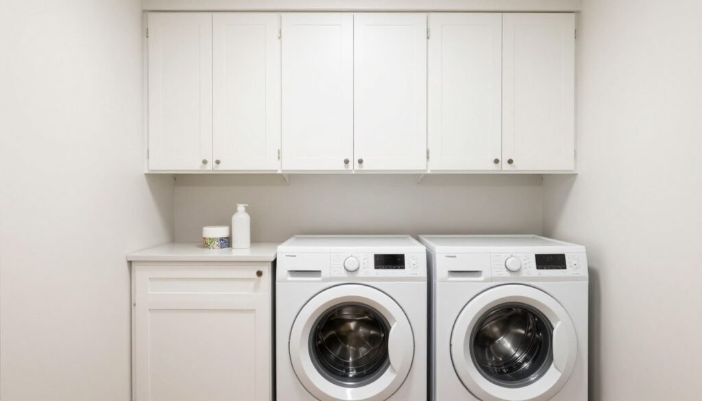 cabinets in organized small laundry room