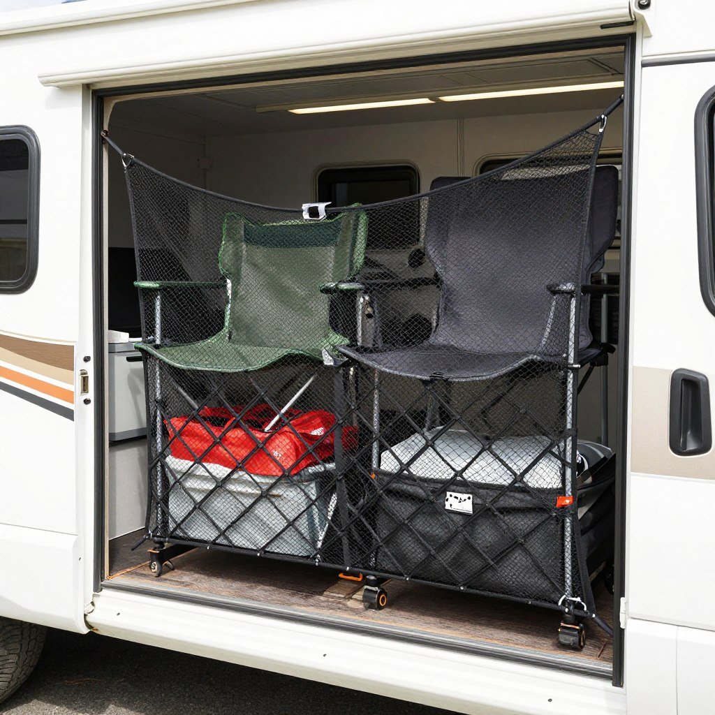 cargo net securing camping gear in rv